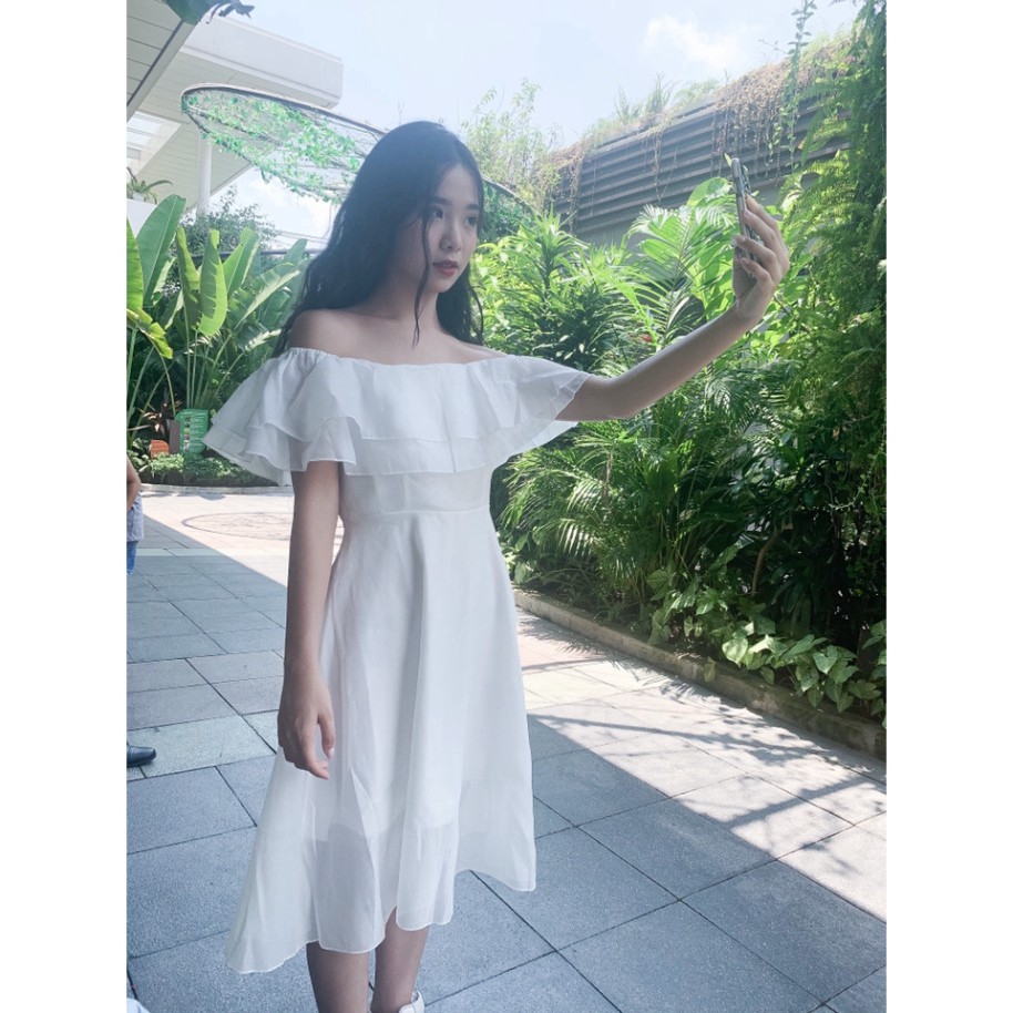 [ Qùa Tặng Dây Buộc Tóc Bạn Nhé] Đầm - váy trễ vai voan tơ 2 màu ( be, trắng) - Váy ulzzang siêu xinh | BigBuy360 - bigbuy360.vn