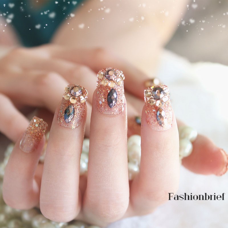 Set 24 móng tay giả đính đá lấp lánh sang trọng cho nữ