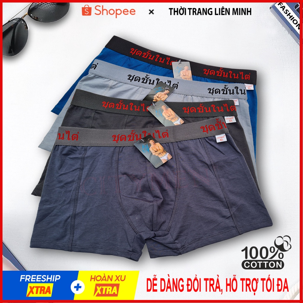 Combo 4 quần lót nam boxer lưng Thái cotton 4 chiều cao cấp, co dãn và thấm hút tốt, quần xì, sịp tam giác, đồ lót nam