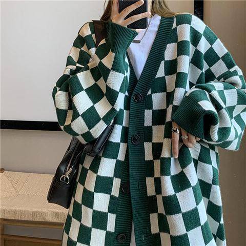 【💖Hàng giao ngay💖】Áo khoác len cổ chữ V họa tiết ca rô thời trang dành cho cả nam và nữ