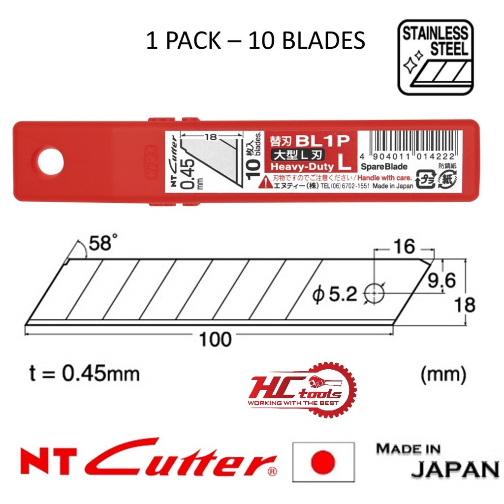 Bô 10 lưỡi dao rọc giấy, bản rộng 18mm NT Cutter BL1P