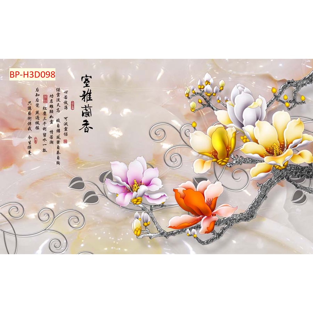 Tranh 3D dán tường phòng khách phong cách INDOCHINE hoa nhiều màu sắc