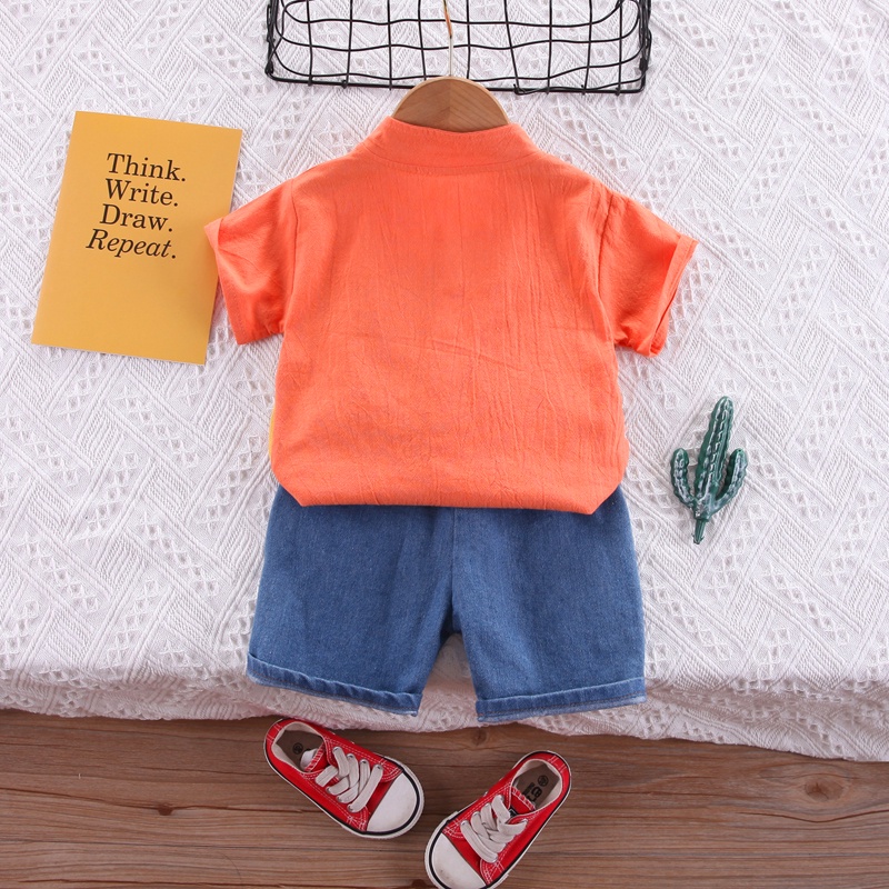 Set Đồ 2 Món Gồm Áo Thun Cổ Bẻ In Họa Tiết Khủng Long Hoạt Hình + Quần Ngắn denim Cho Bé Trai