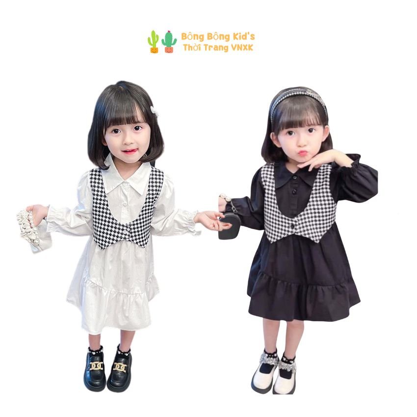 Váy Dài Tay Nhiều Màu Phối Kẻ Trước Ngực Bé Gái 1-5 Tuổi