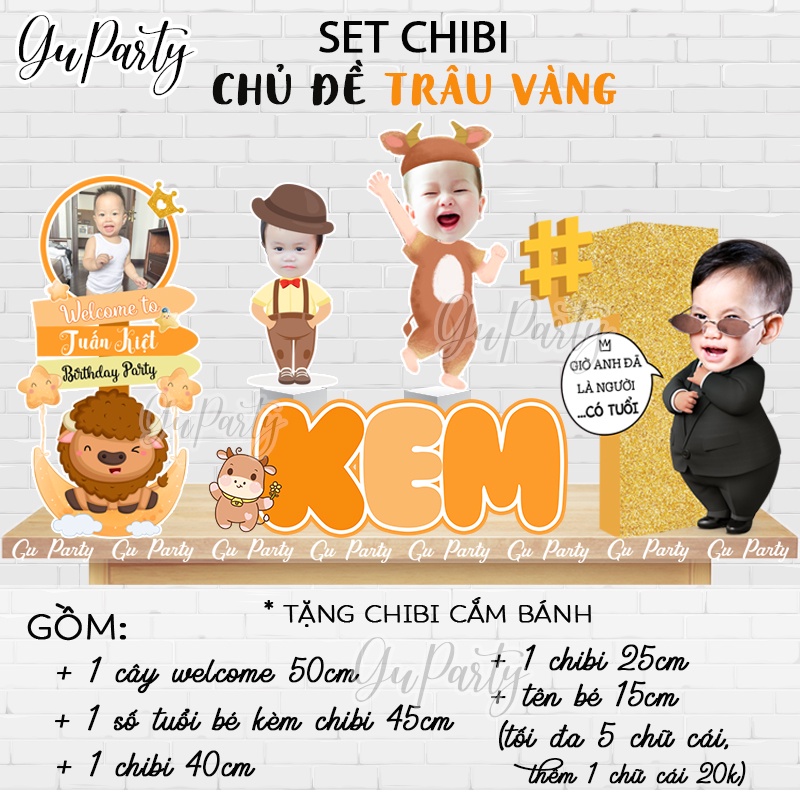 Set Chibi Tuổi Trâu Trang Trí Thôi Nôi Cho Bé Trai Bé Gái