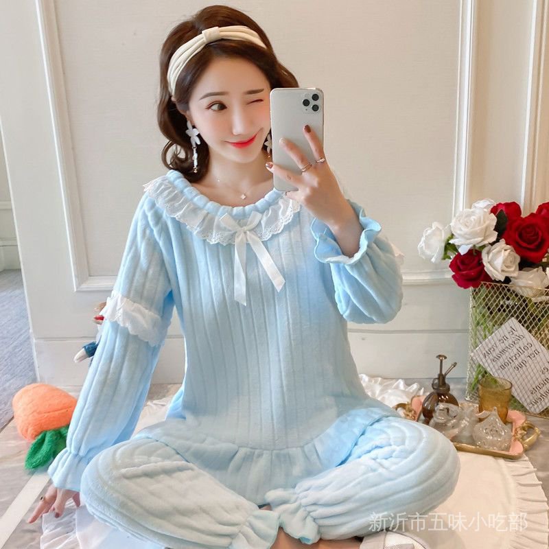 Bộ Đồ Ngủ Lông Cừu San Hô Dày Dặn Ấm Áp Thời Trang Thu Đông Cho Nữ