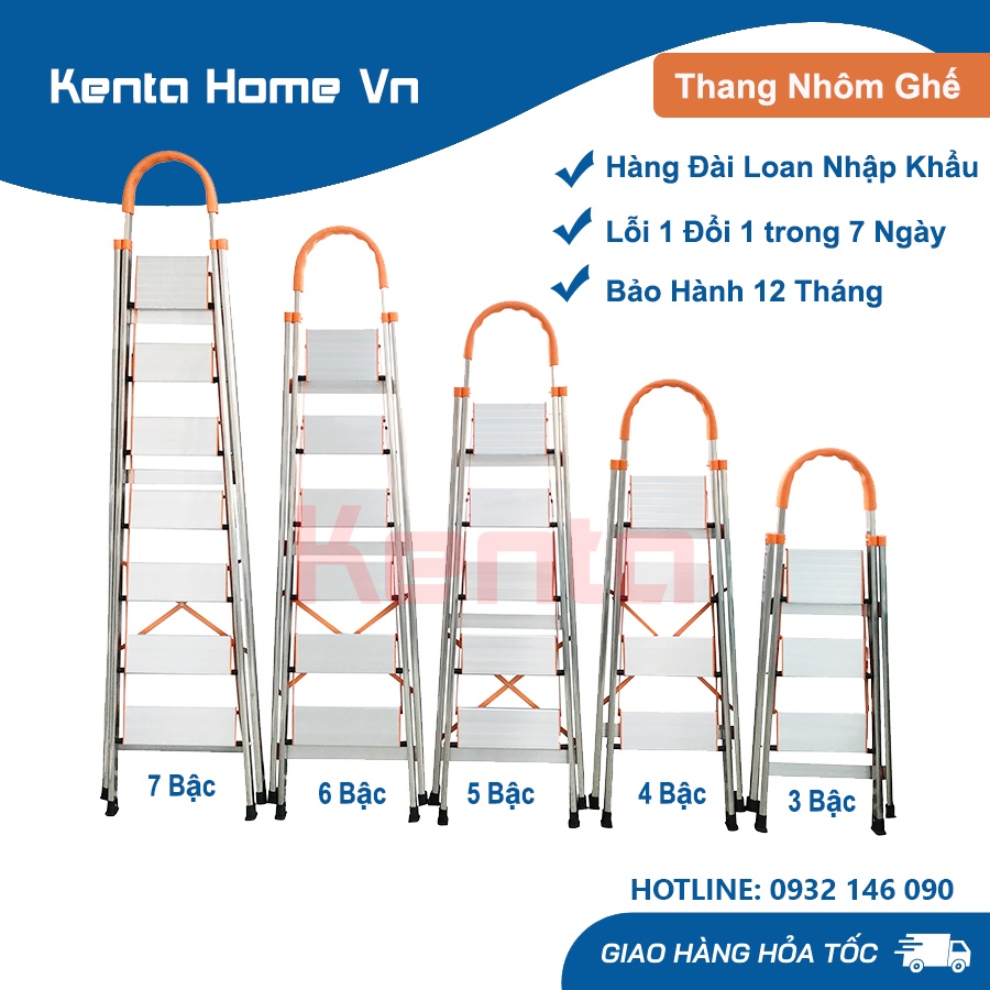 Thang ghế nhôm tay vịn chữ A bản to 3,4,5,6,7 bậc từ 0.74M - 1.74M xếp gọn, Thang chữ A gia đình đa năng gấp gọn an toàn