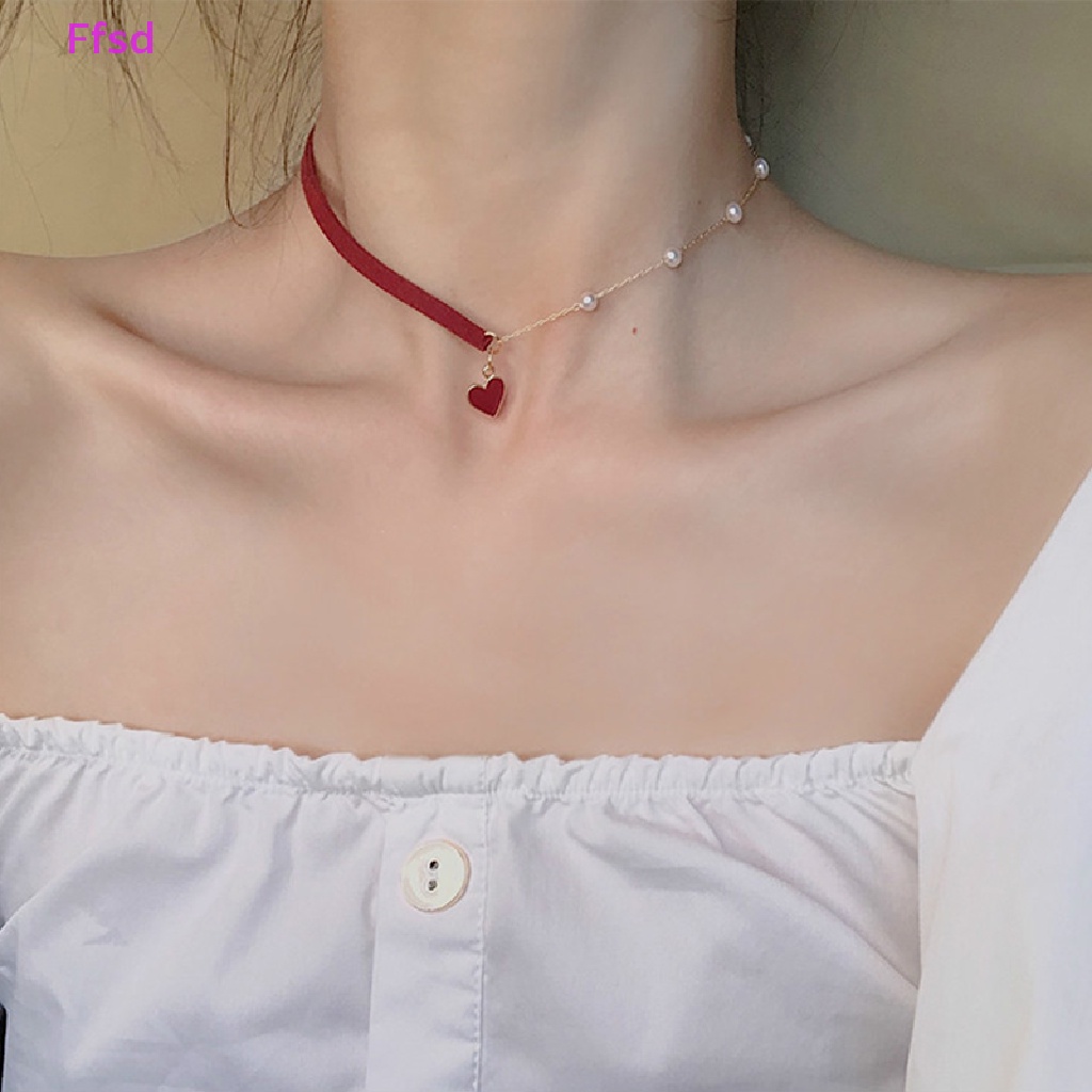 {Ffsd} Vòng Cổ Choker Ngọc Trai Hình Trái Tim Đỏ Quyến Rũ Thời Trang Làm Quà Tặng Bán Chạy Cho Nữ