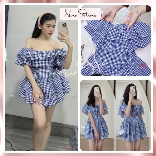 Váy nữ kẻ caro xanh váy trễ vai 2 tầng chân váy xòe chất thô mềm tểu thư sexy NinaStore
