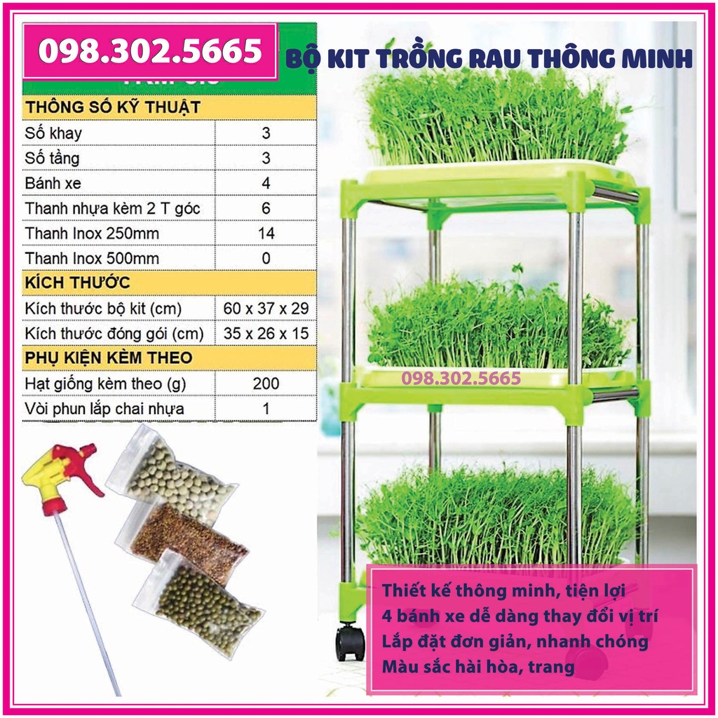 Khung/kệ trồng rau mầm - loại 3 tầng có bánh xe - Giá đỡ khay trồng  rau mầm