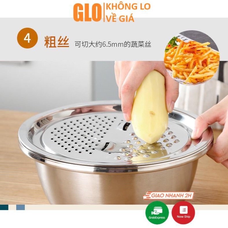 Bộ dụng cụ 3 Món nạo rau củ đa năng,Thau Rổ Bào Inox siêu tiện Lợi,Bào sợi,gừng, và nhiều công dụng tiện lợi