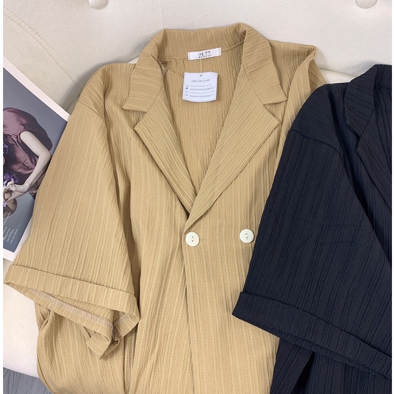 Áo sơ mi cổ vest, sơ mi nữ tay lỡ 2 khuy chất đũi đen trắng be form rộng blazer công sở đi học Cheapy C1012