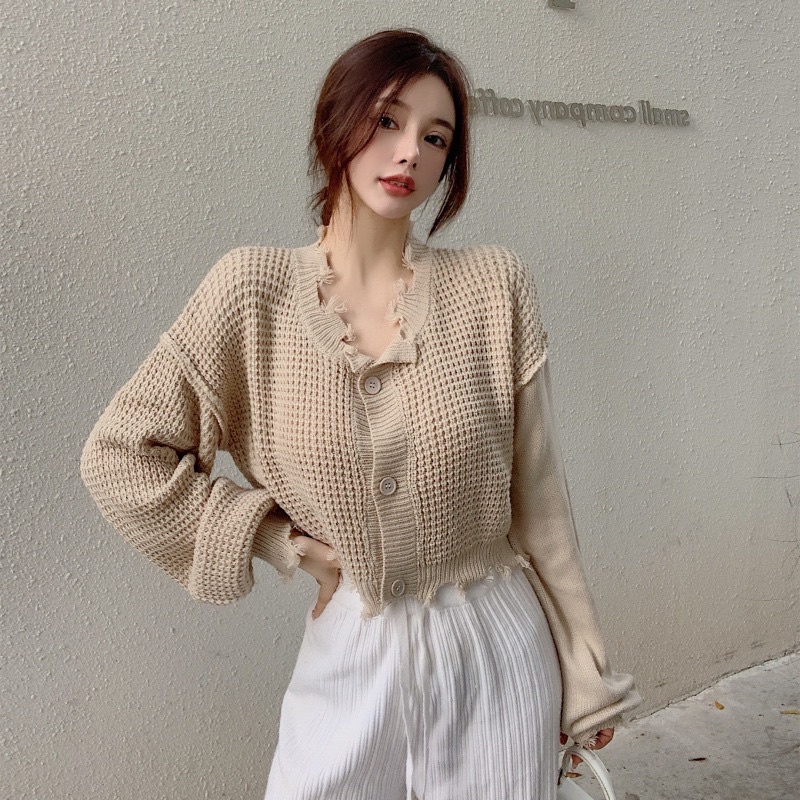 Áo Cardigan dài tay dệt kim lưới cổ chữ V dáng rộng mùa xuân dành cho nữ