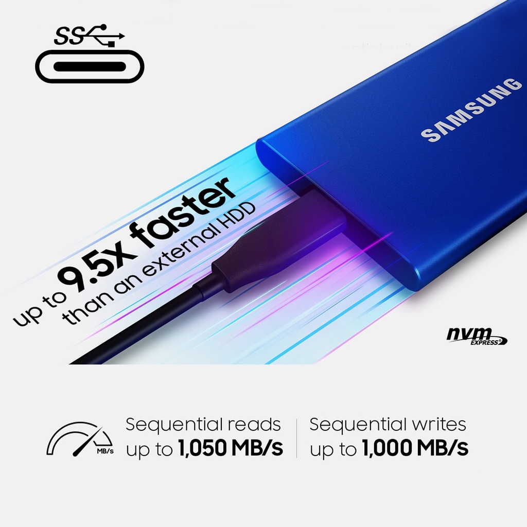 Ổ cứng SSD di động Samsung Portable T7 500GB - USB 3.2 Gen 2 tốc độ upto 1050MB/s (Xanh dương)