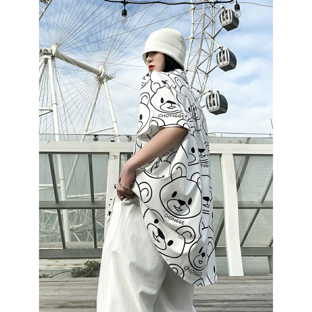 Áo sơ mi nam nữ oversize hình ĐẦU GẦU TRẮNG