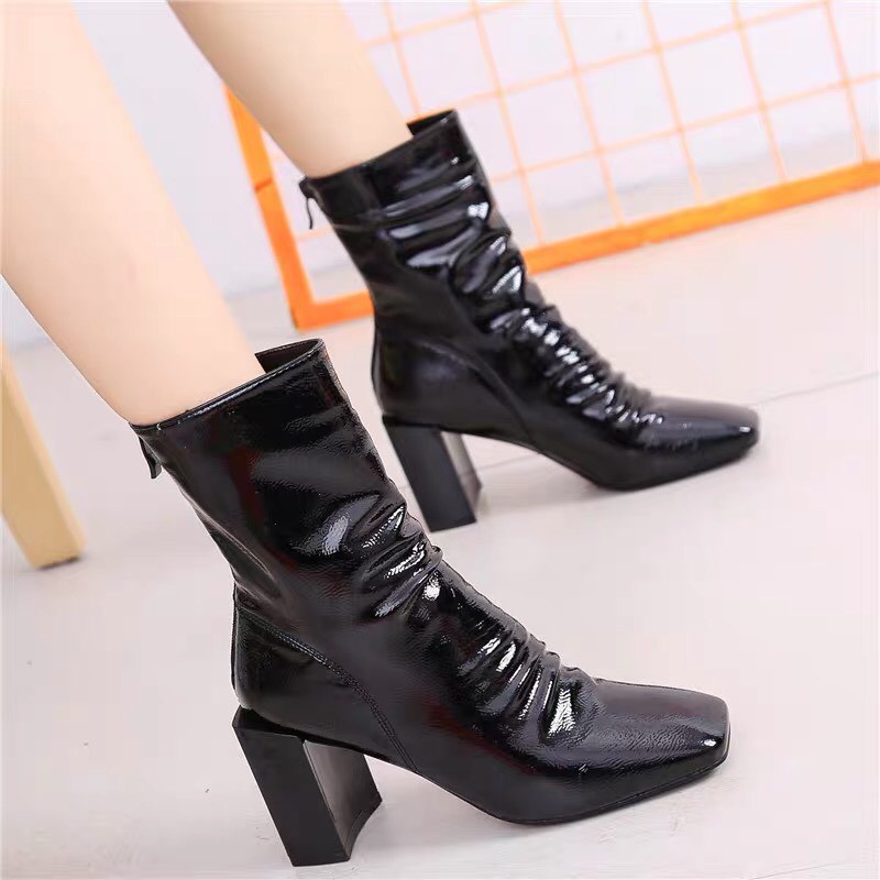 Giày boots nhăn nữ da bóng độn đế 5-7cm hàng full box FREESHIP | BigBuy360 - bigbuy360.vn