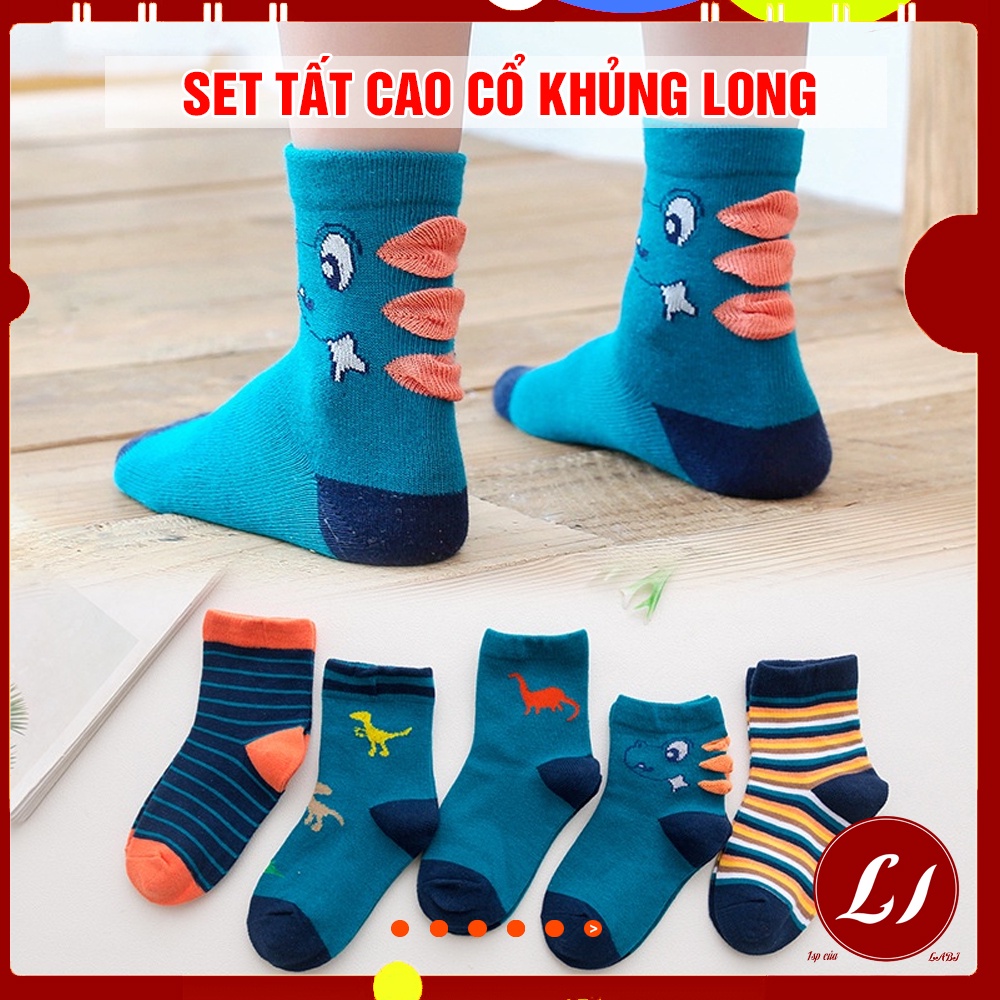 Set 5 đôi Tất cao cổ KHỦNG LONG cho bé 2- 5 tuổi (MÀU XANh)