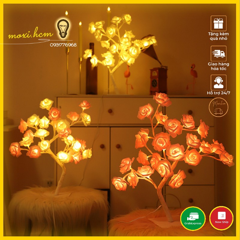 【 HÀNG SẴN hộp PIN+USB 】Đèn Led bàn hình cây hoa Hồng trang trí DECOR phòng ngủ, bàn học VINTAGE , quà tặng MOXI