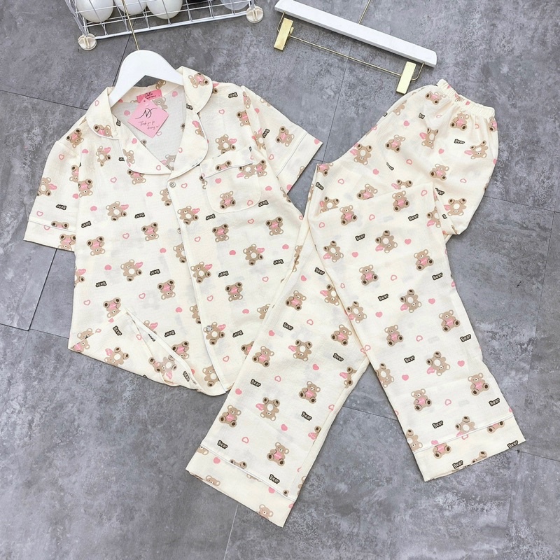 Bộ pijama chất đũi xốp hàng cộc dài hoạ tiết xinh dễ thương mặc nhà nữ