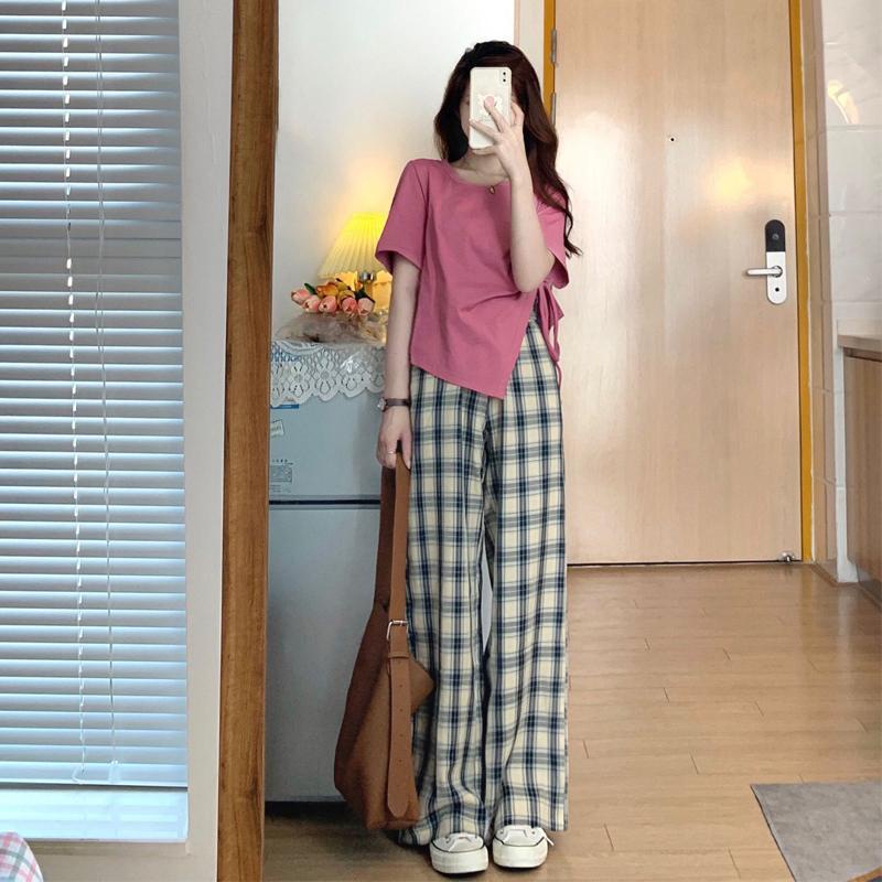 COZOK Set Áo Thun Tay Ngắn + Quần Dài Lưng Cao Họa Tiết Sọc Caro Thời Trang Trẻ Trung