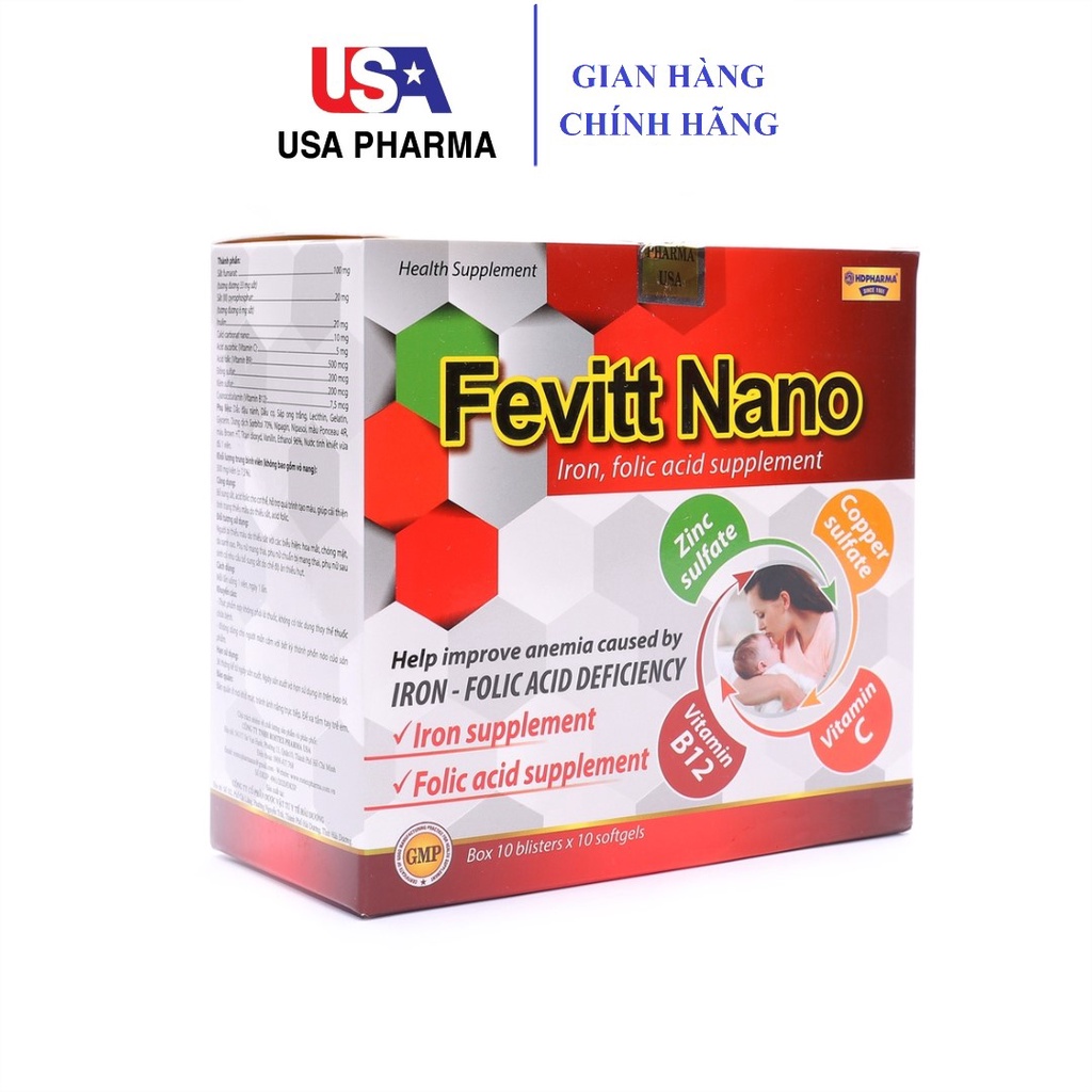 Fevitt Nano HDPHARMA bổ máu, bổ sung Sắt hữu cơ, Acid Folic - 100 viên [Fevitt Nano 3 mắt 100 viên]