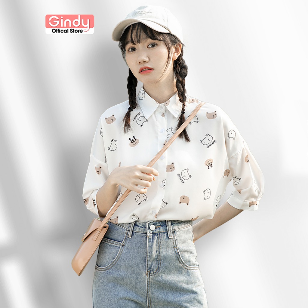 Áo sơ mi nữ GINDY họa tiết gấu tay lỡ form rộng dáng basic cổ bẻ kiểu Hàn Quốc thời trang xuân hè A6122