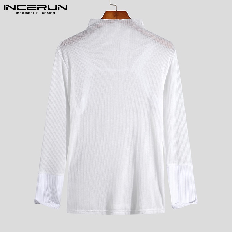 Áo thun INCERUN cổ lọ tay dài xuyên thấu thời trang nam tính