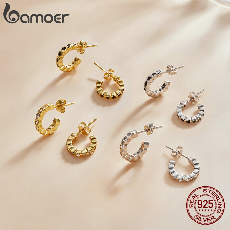 Khuyên tai BAMOER bạc 925 màu vàng kim chống dị ứng đính đá zircon cầu vồng trang sức thời trang cho nữ