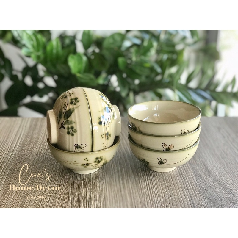 Chén / Bát cơm men ngà hoạ tiết vẽ tay hoa đào chuồn chuồn Gốm Bát Tràng