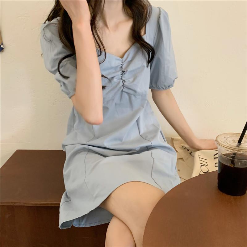 【F&amp;X ss】Đầm nhỏ eo màu đen xếp nếp kiểu Pháp cổ điển cá tính cho nữ dự tiệc