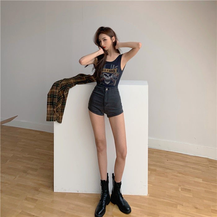 Quần Đùi denim Mỏng Dáng Chữ a Lưng Cao Co Giãn Phong Cách Retro Mẫu Mới Thời Trang Cho Nữ
