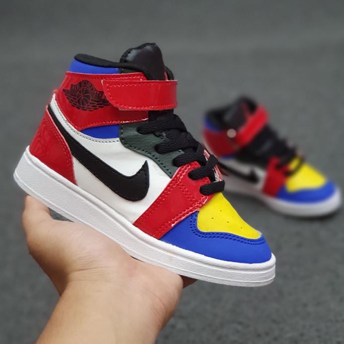 Giày bóng rổ Nike Air Jordan 1 màu đỏ/xanh dương/vàng/xanh dương/đỏ thời trang cho bé 26