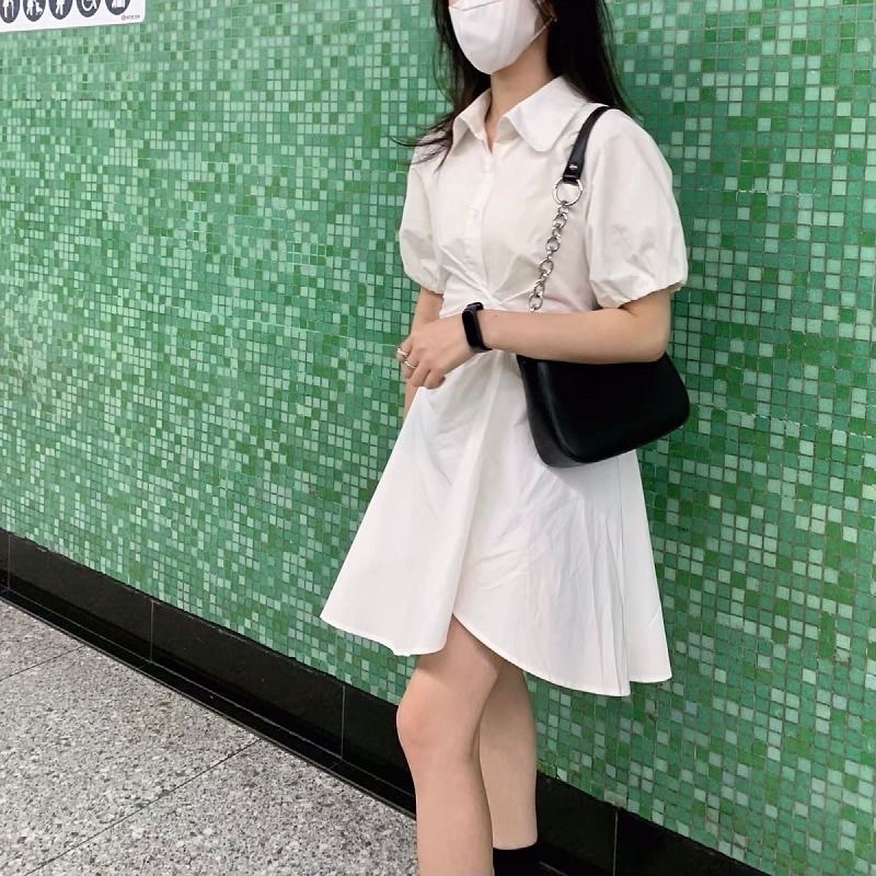 Đầm sơ mi xoắn eo váy xếp ly chất thô dáng lỡ có chun lưng đi làm, đi học hottrend ulzzang hàn quốc (có sẵn/ảnh thật)