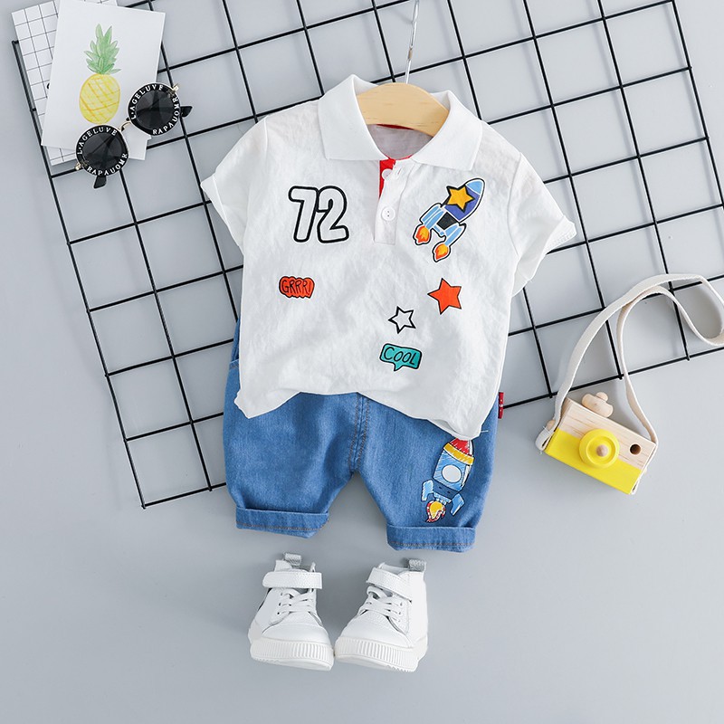 ❀1-3T/2Pcs/Children Summer Lapel Cartoon Printed Long Sleeve T-shirt Casual Tops+Pants