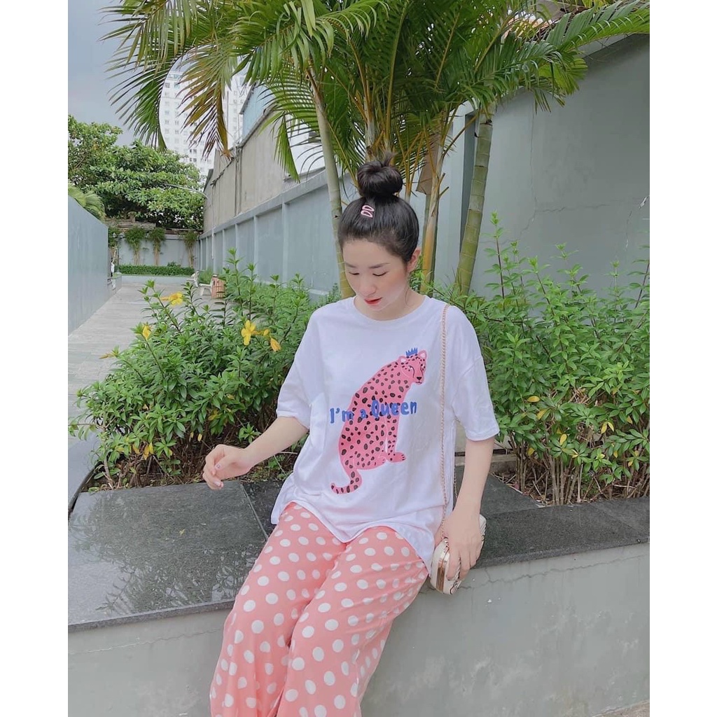 set bộ áo thun form rộng kèm quần dài suông chấm bi báo hồng na