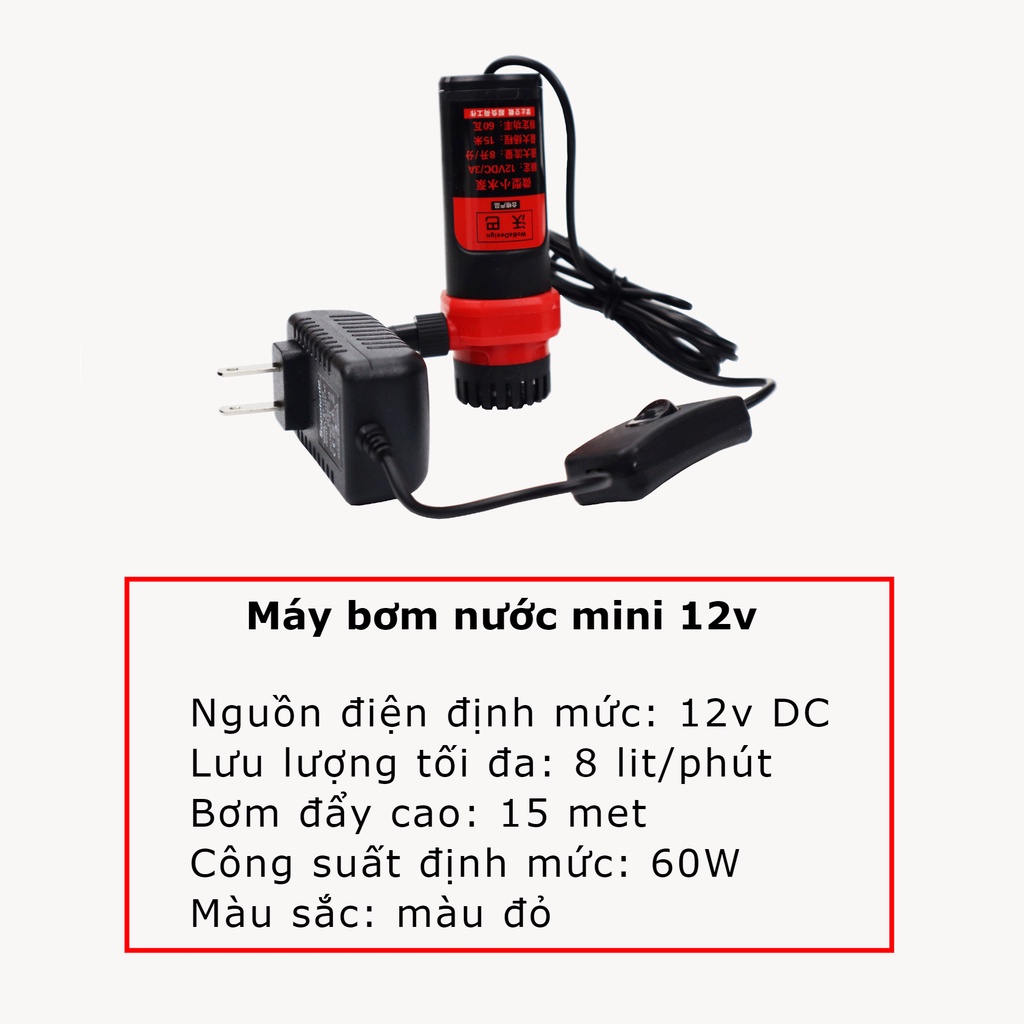 Máy bơm nước mini 12v 15M 60W dùng cho máy cắt rãnh tường, thay nước bể cá (màu đỏ)