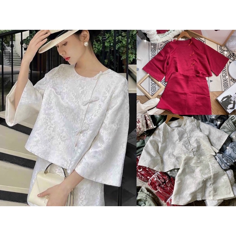 SET GẤM ÁO CỔ TÀU TAY LỠ PHỐI CHÂN VÁY