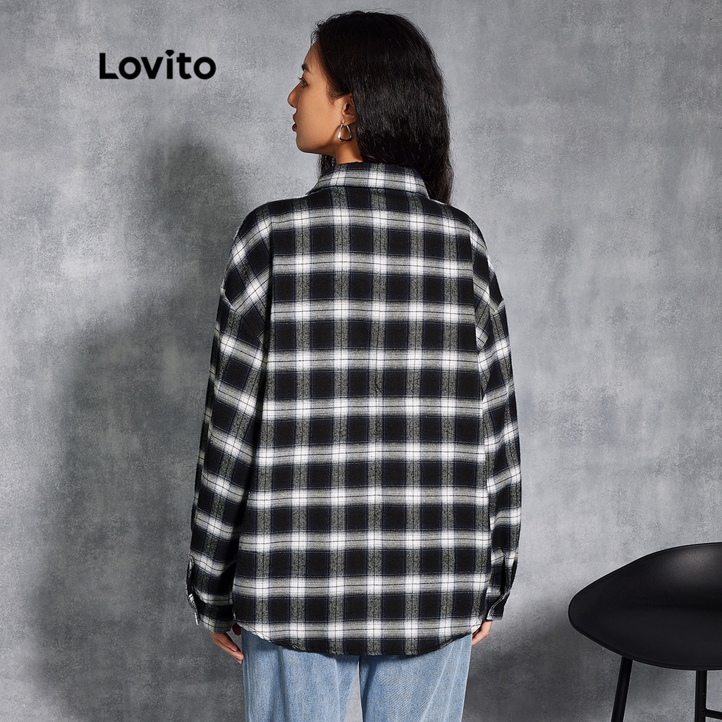 Lovito Áo Sơ Mi Caro Tay Dài L20D1077 (Đen Và Trắng)