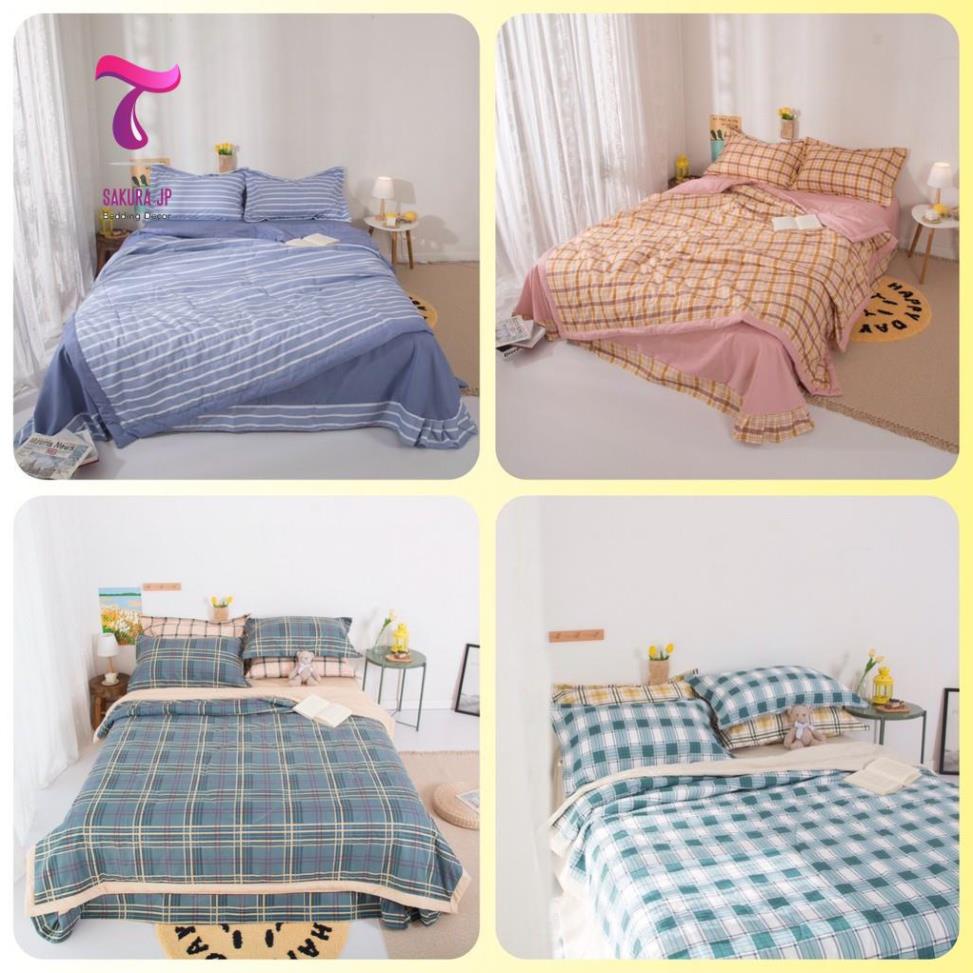 Bộ Chăn Ga Cotton Đũi Muji Chăn Trần Bông Hè Mềm Mịn Nhập Khẩu 4 Món - Chăn Ga Đũi Trần Bông Điều Hòa -Sakura JP