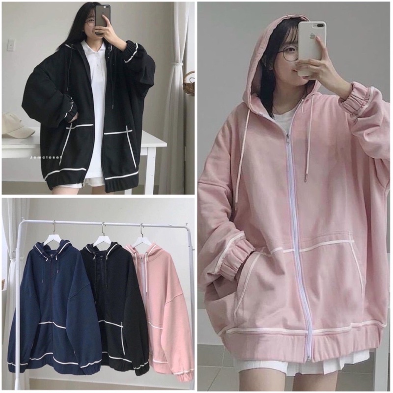 Áo Khoác Hoodie Dây Kéo Viền Tay Bồng Unisex❤Jacket Form Rộng Có Mũ Màu ĐEN | HỒNG Ulzzang Hot Hit ❤️ | BigBuy360 - bigbuy360.vn