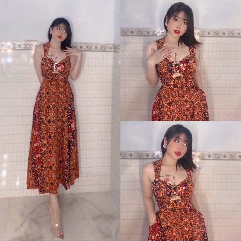 Đầm maxi hai dây bảng to khoen ngực khoét eo hoạ tiết, hoa, nhiều màu có túi hai bên hàng cao cấp