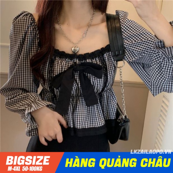 Áo Sơ Mi nữ Bigsize Áo kiểu Nữ Tay Dài Cổ Vuông lưng cao Kẻ Sọc Caro mùa xuân Phong cách Hàn Quốc Thời Trang cá tính xinh đẹp cho người mập béo 45-100kg quảng châu cao cấp