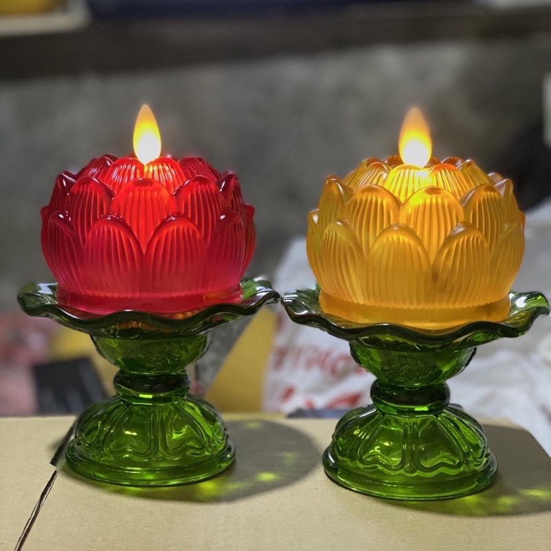 Nến điện tử hoa sen thuỷ tinh, đèn lưu ly để ban thờ phật giáo