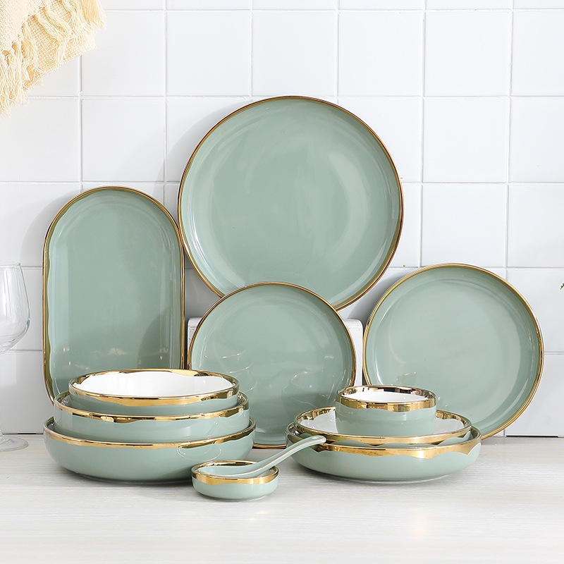 Bộ chén bát sứ xanh mint viền vàng cao cấp phong cách châu âu