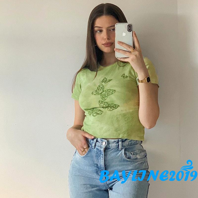 Áo thun lửng ngắn tay in họa tiết hình bướm năng động dễ phối đồ dành cho nữ
