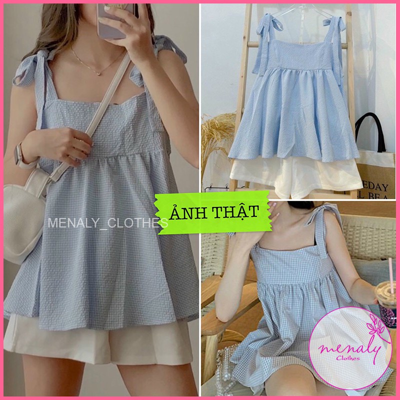 Set bộ hàn quốc áo babydoll tiểu thư nơ vai quần short ống rộng SE032, set đồ nữ tính tiểu thư điệu đà