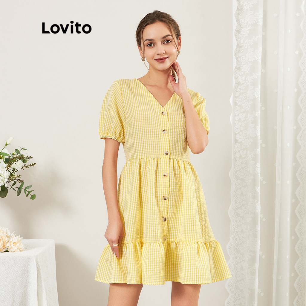 Đầm Lovito thẳng suông gài nút phía trước màu trơn thường ngày L25ED030