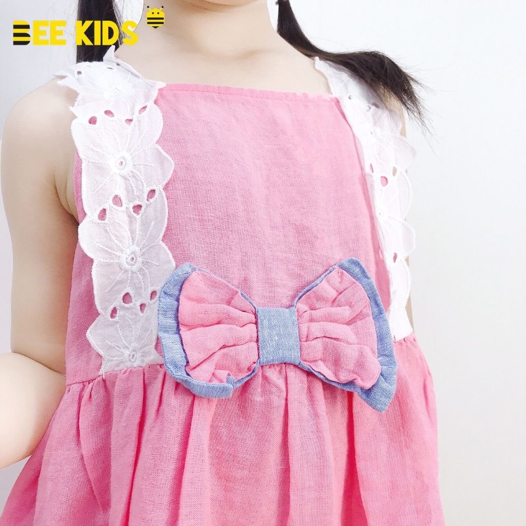 Váy bé gái hai dây dáng xoè mùa hè Bee Kids, Đầm bé gái phối nơ chất thô cotton mềm mịn (2-6 Tuổi) 1DC01673ST