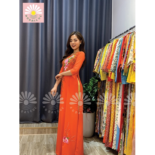 ÁO DÀI DÀNH CHO MẸ, ÁO DÀI MÀU CAM CARROT, HỌA TIẾT PHA LÊ - M06