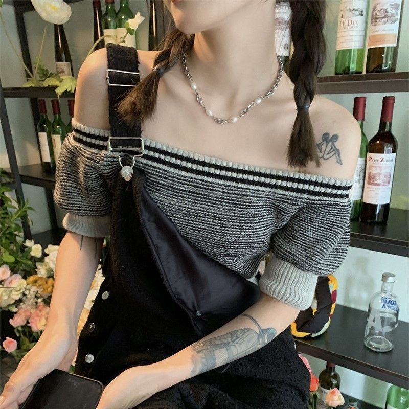 Áo Thun Dệt Kim Mỏng Ôm Dáng Trễ Vai Ngắn Tay Họa Tiết Kẻ Sọc Thời Trang Mùa Hè Retro Cho Nữ